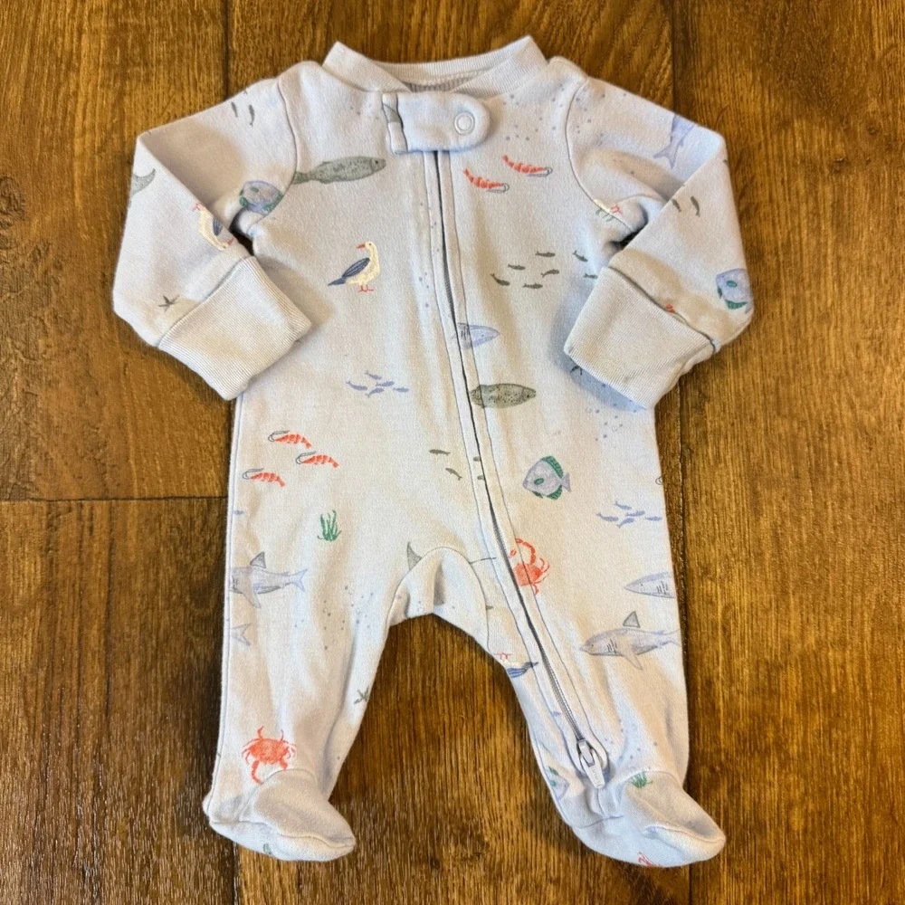 Preemie Baby Boy Sleeper Outfit 2 Way Zipper Romper Sea Life Ocean Creature Fish